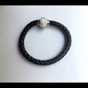 NWT Black Braided Leather Bracelet with Magnetic Rhinestone Inlay Clasp